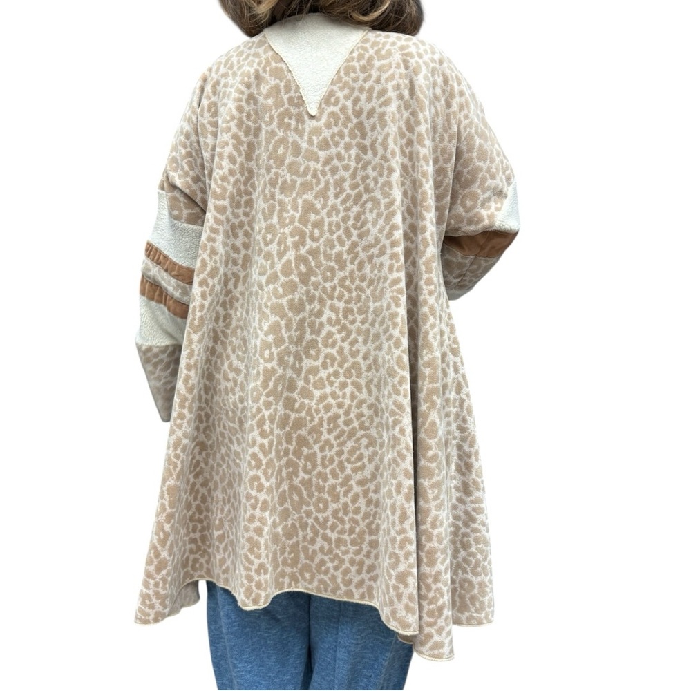 Vintage Beige Leopard Print Open Front Coat Textured Sleeve Stripes Handmade - Picture 7 of 11